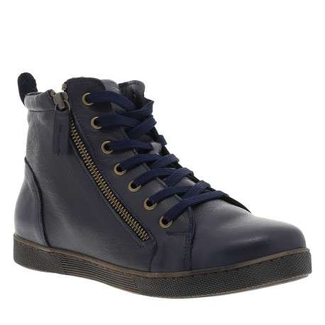 Bottines en cuir bleu marine à talon plat avec des lacets et un zip latéral