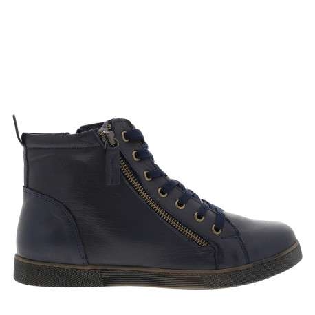 Bottines en cuir bleu marine à talon plat avec des lacets et un zip latéral - Image 2