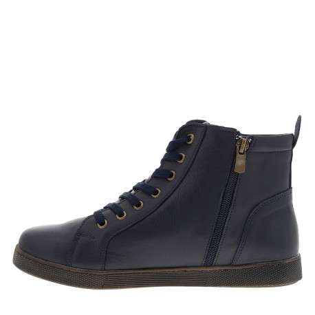 Bottines en cuir bleu marine à talon plat avec des lacets et un zip latéral - Image 3