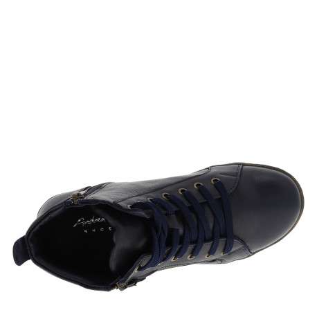 Bottines en cuir bleu marine à talon plat avec des lacets et un zip latéral - Image 5