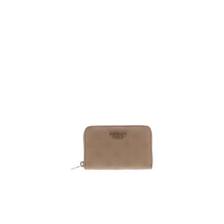 Portefeuille beige à imprimé monogramme avec une fermeture à zip