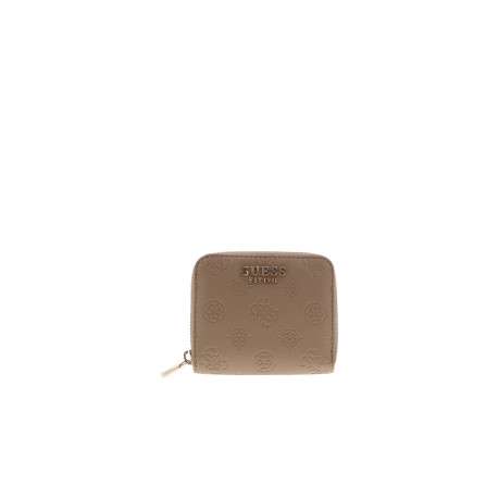 Porte-monnaie beige à motif monogramme muni d'une fermeture à zip