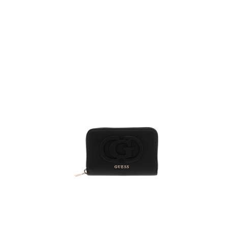 Portefeuille noir uni avec une fermeture à zip et un gros logo cousu