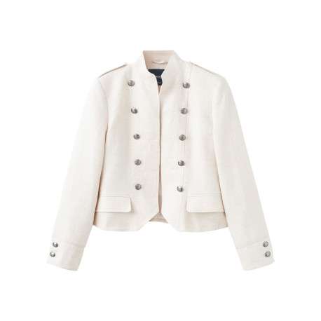 Blazer en lin écru uni avec une coupe droite et un col montant