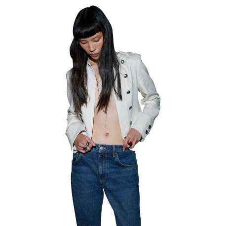 Blazer en lin écru uni avec une coupe droite et un col montant - Image 3