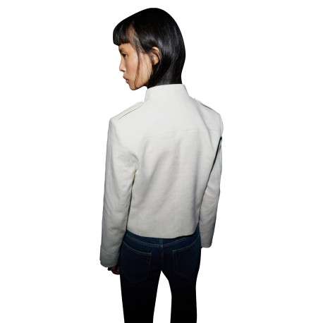 Blazer en lin écru uni avec une coupe droite et un col montant - Image 4