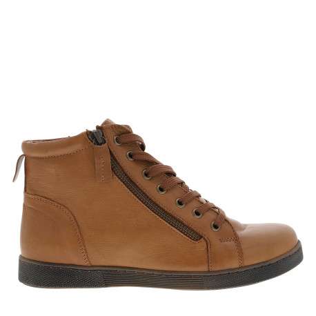Bottines en cuir camel à talon plat avec des lacets et un zip latéral - Image 2