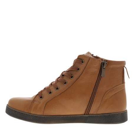 Bottines en cuir camel à talon plat avec des lacets et un zip latéral - Image 3
