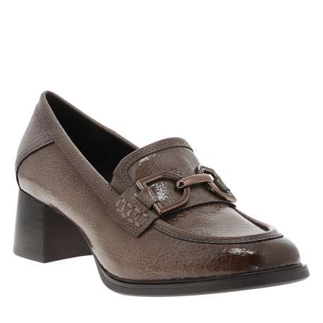 Mocassins taupe à talon décroché moyen et boucle métallique brillante