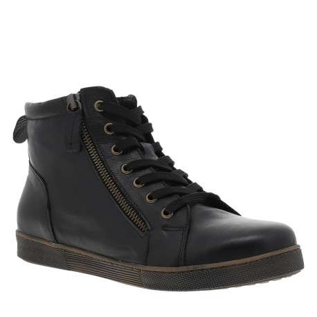 Bottines en cuir noires à talon plat avec des lacets et une fermeture zippée