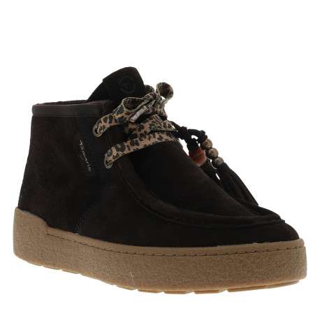 Boots en cuir chocolat avec un talon plat et des lacets à motif léopard