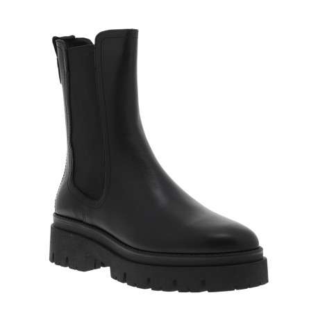 Boots en cuir noirs à talon décroché bas avec des soufflets élastiqués