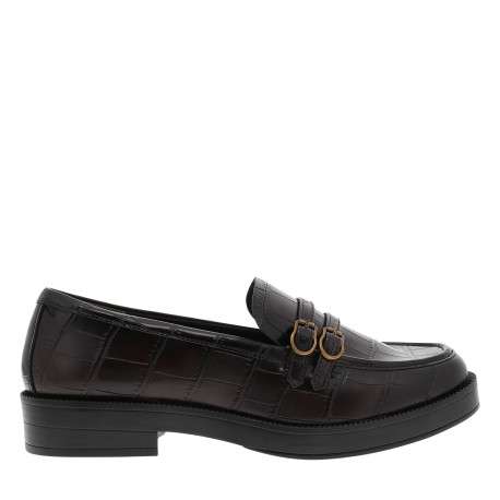 Mocassins chocolat avec un talon plat et un revêtement effet crocodile - Image 2