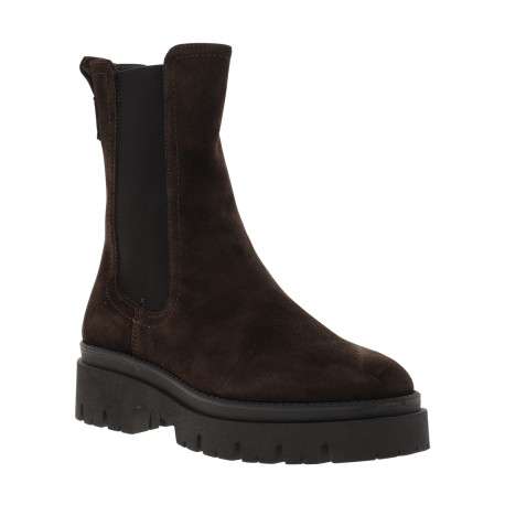 Boots en cuir chocolat à talon décroché bas avec des soufflets élastiqués