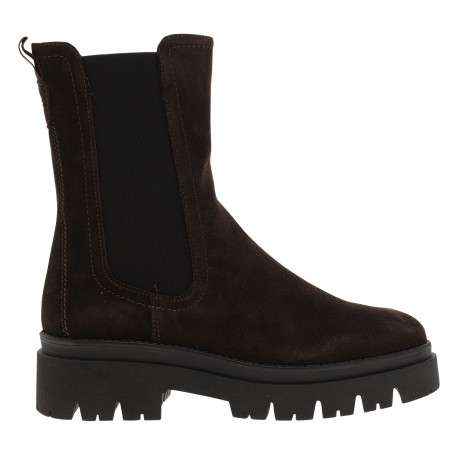 Boots en cuir chocolat à talon décroché bas avec des soufflets élastiqués - Image 2