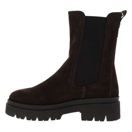 Boots en cuir chocolat à talon décroché bas avec des soufflets élastiqués - Image 3