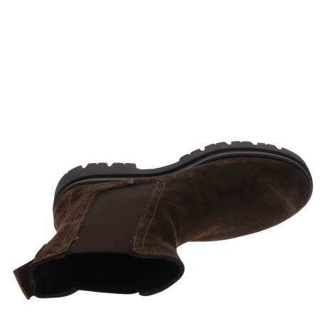 Boots en cuir chocolat à talon décroché bas avec des soufflets élastiqués - Image 5