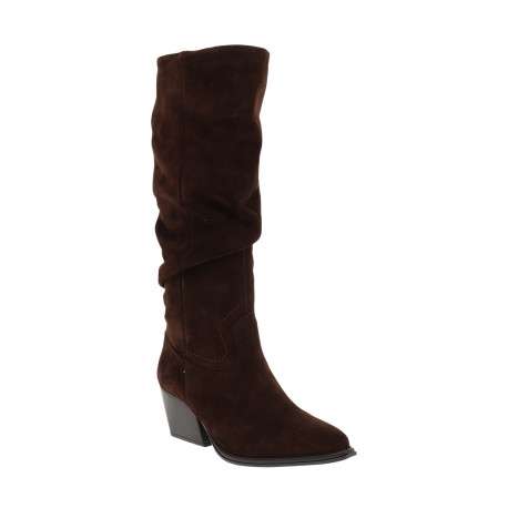 Bottes en cuir chocolat à talon plat munies d'un zip et d'un soufflet élastiqué