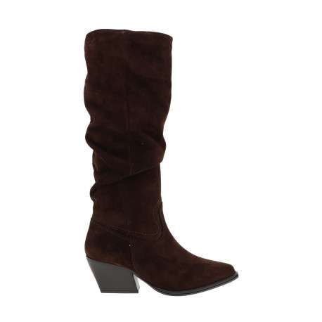 Bottes en cuir chocolat à talon plat munies d'un zip et d'un soufflet élastiqué - Image 2