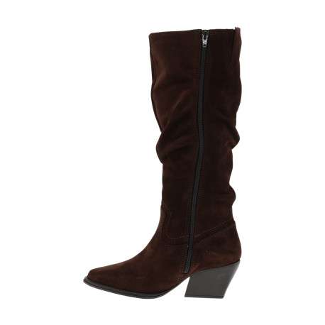 Bottes en cuir chocolat à talon plat munies d'un zip et d'un soufflet élastiqué - Image 3