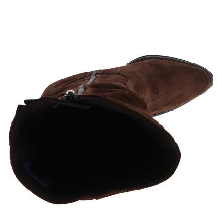 Bottes en cuir chocolat à talon plat munies d'un zip et d'un soufflet élastiqué - Image 5