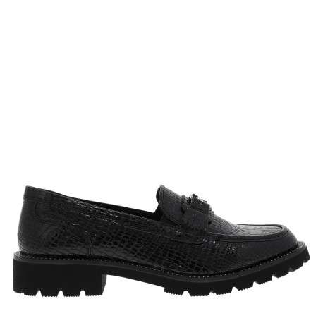 Mocassins noirs vernis avec un talon décroché bas et des soufflets élastiqués - Image 2
