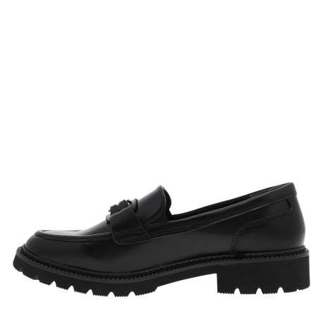Mocassins noirs à semelle plate et une boucle métallique de la marque à l'avant - Image 3