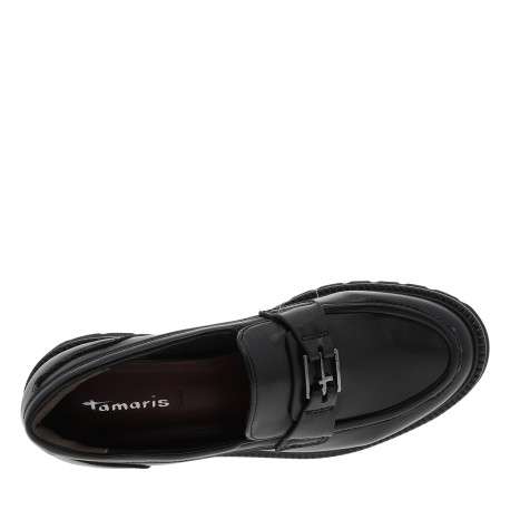 Mocassins noirs à semelle plate et une boucle métallique de la marque à l'avant - Image 5