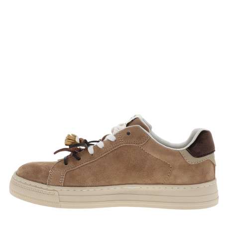 Tennis en cuir nubuck camel avec un talon plat et des lacets blancs et marron - Image 3