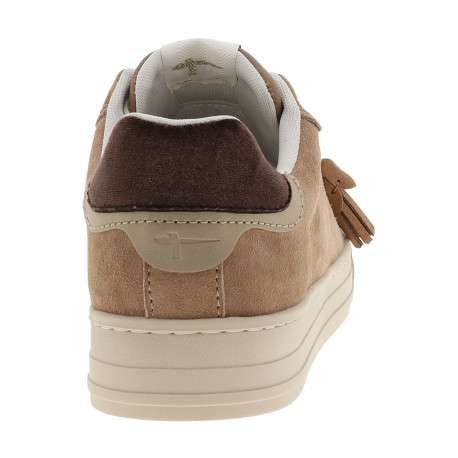 Tennis en cuir nubuck camel avec un talon plat et des lacets blancs et marron - Image 4