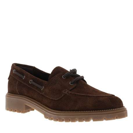 Mocassins bateau en cuir chocolat à semelle plate et une fermeture lacets