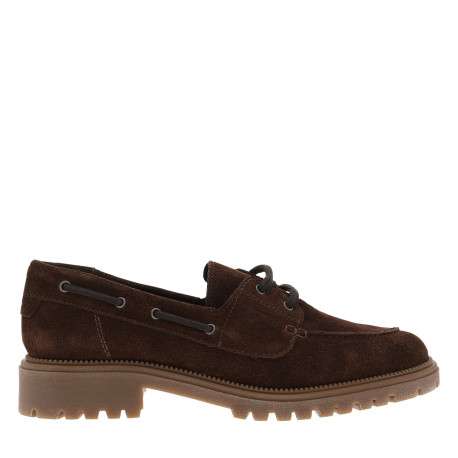 Mocassins bateau en cuir chocolat à semelle plate et une fermeture lacets - Image 2