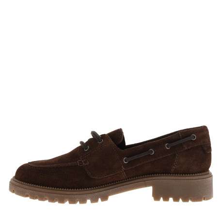 Mocassins bateau en cuir chocolat à semelle plate et une fermeture lacets - Image 3