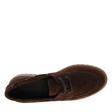 Mocassins bateau en cuir chocolat à semelle plate et une fermeture lacets - Image 5