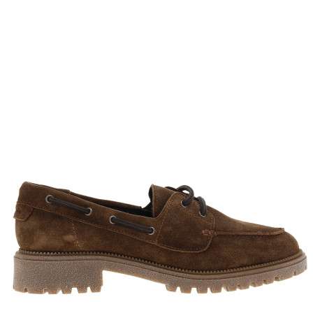 Mocassins bateau en cuir brunes à semelle plate et une fermeture à lacets - Image 2