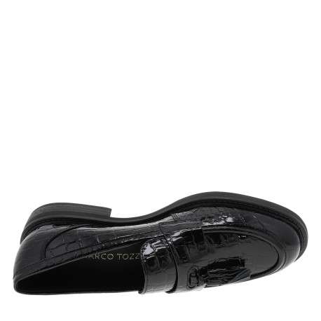 Mocassins noir verni avec une semelle plate et des écailles sur le pourtour - Image 5