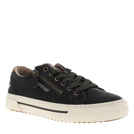 Tennis noires à talon plat avec des lacets dorés ainsi qu'un zip latéral