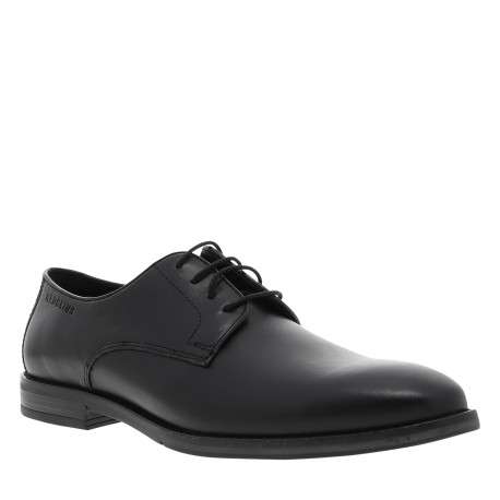 Derbies en cuir noires avec un talon décroché bas et des lacets ronds
