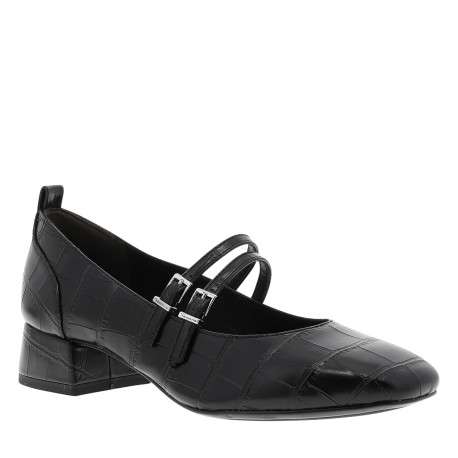 Ballerines noires vernies à talon décroché moyen et une fermeture à boucle