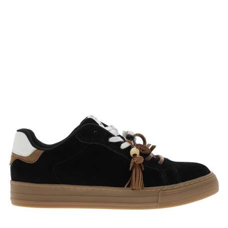 Tennis en cuir noirs avec un talon plat et munis de lacets blancs et marron - Image 2