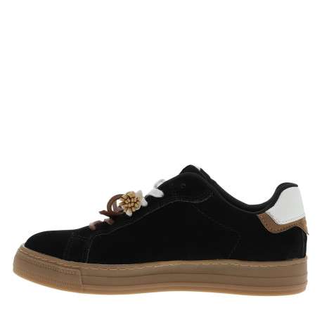 Tennis en cuir noirs avec un talon plat et munis de lacets blancs et marron - Image 3