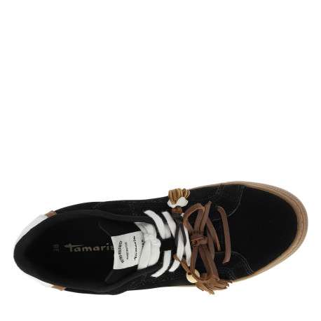 Tennis en cuir noirs avec un talon plat et munis de lacets blancs et marron - Image 5
