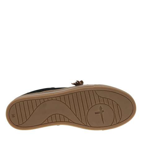Tennis en cuir noirs avec un talon plat et munis de lacets blancs et marron - Image 6