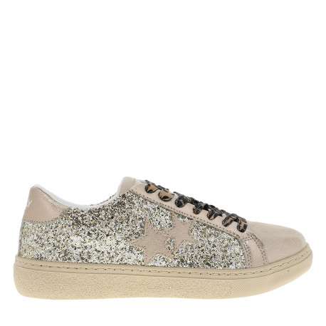 Tennis champagne pailletées à talon plat avec des lacets léopards
