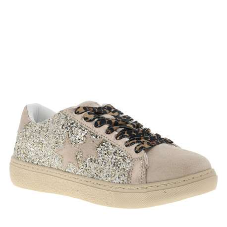 Tennis champagne pailletées à talon plat avec des lacets léopards - Image 3