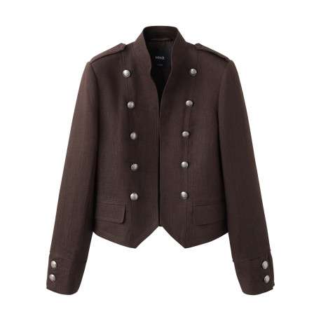 Blazer en lin chocolat uni avec une coupe droite et un col montant