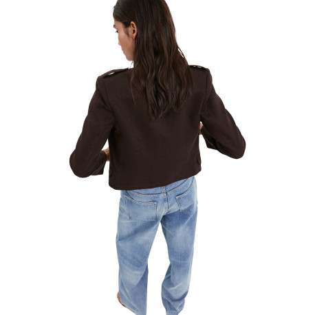 Blazer en lin chocolat uni avec une coupe droite et un col montant - Image 3