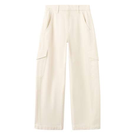 Pantalon cargo en coton beige uni à coupe large muni d'un zip et d'une agrafe