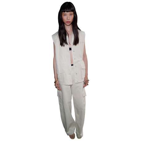 Pantalon cargo en coton beige uni à coupe large muni d'un zip et d'une agrafe - Image 3