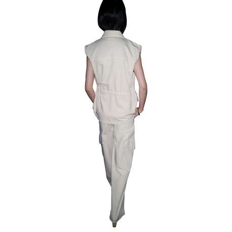 Pantalon cargo en coton beige uni à coupe large muni d'un zip et d'une agrafe - Image 4